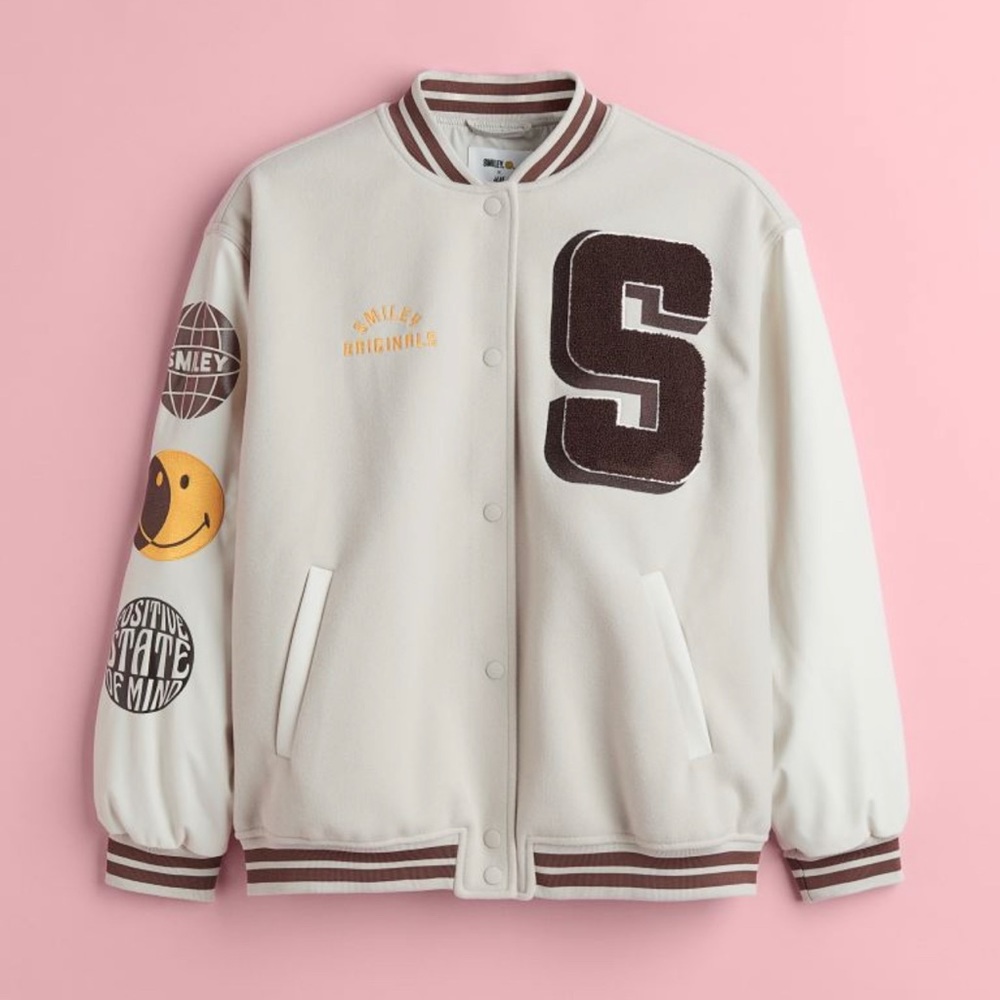 Varsity Jacket with Patch Details - Cream & Brown